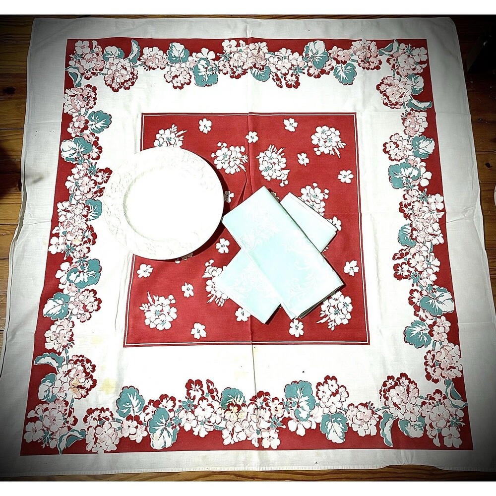 Vintage Floral Tablecloth 44x44 Red Teal Cottage Farmhouse + Napkins AS IS